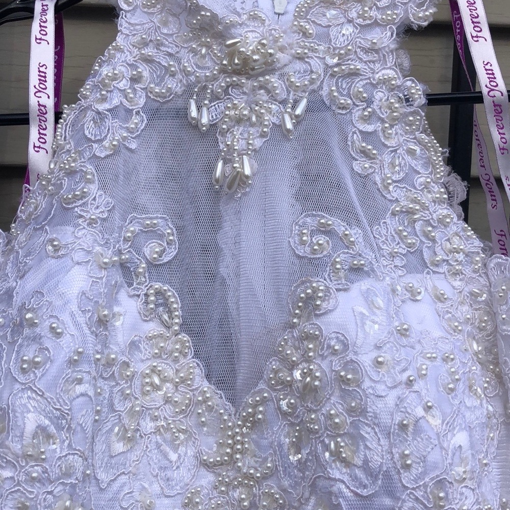 Forever yours White Lace Dress  Pearl Details high choker neck cold shoulder